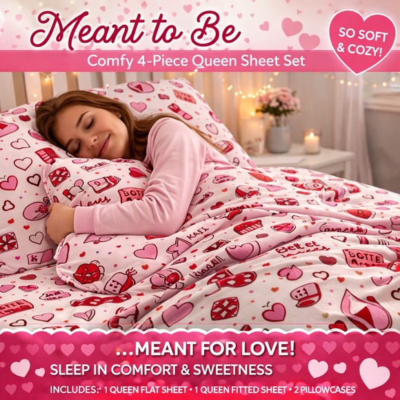 Que Other - Que Heart and Dice Queen Sheet Set - Red and Pink